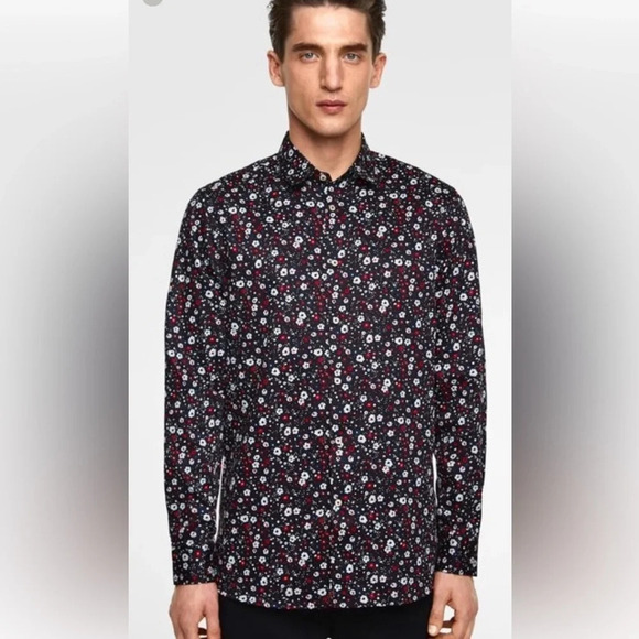 Zara Slim Fit Black Navy Floral Long Sleeve Button Down Men’s Size Large - Picture 1 of 12